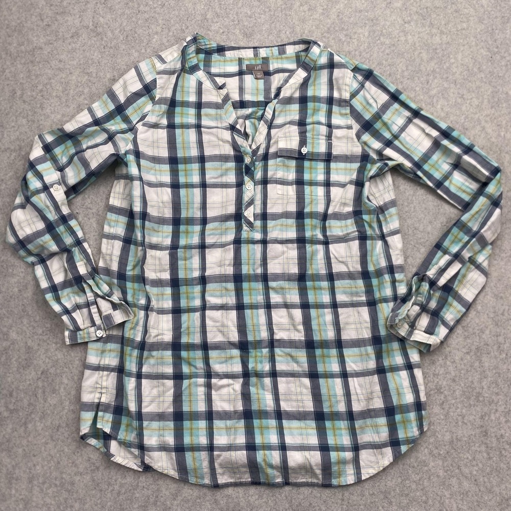 J. Jill Blouse Womens XS Blue Plaid Henley Long Sleeve Cotton Tunic Top